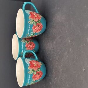The Pioneer Woman Stoneware Lot Of 3 Vintage Floral Teal/Red Mugs.